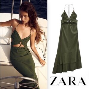 Zara Ruffled Linen Blend Dress Khaki